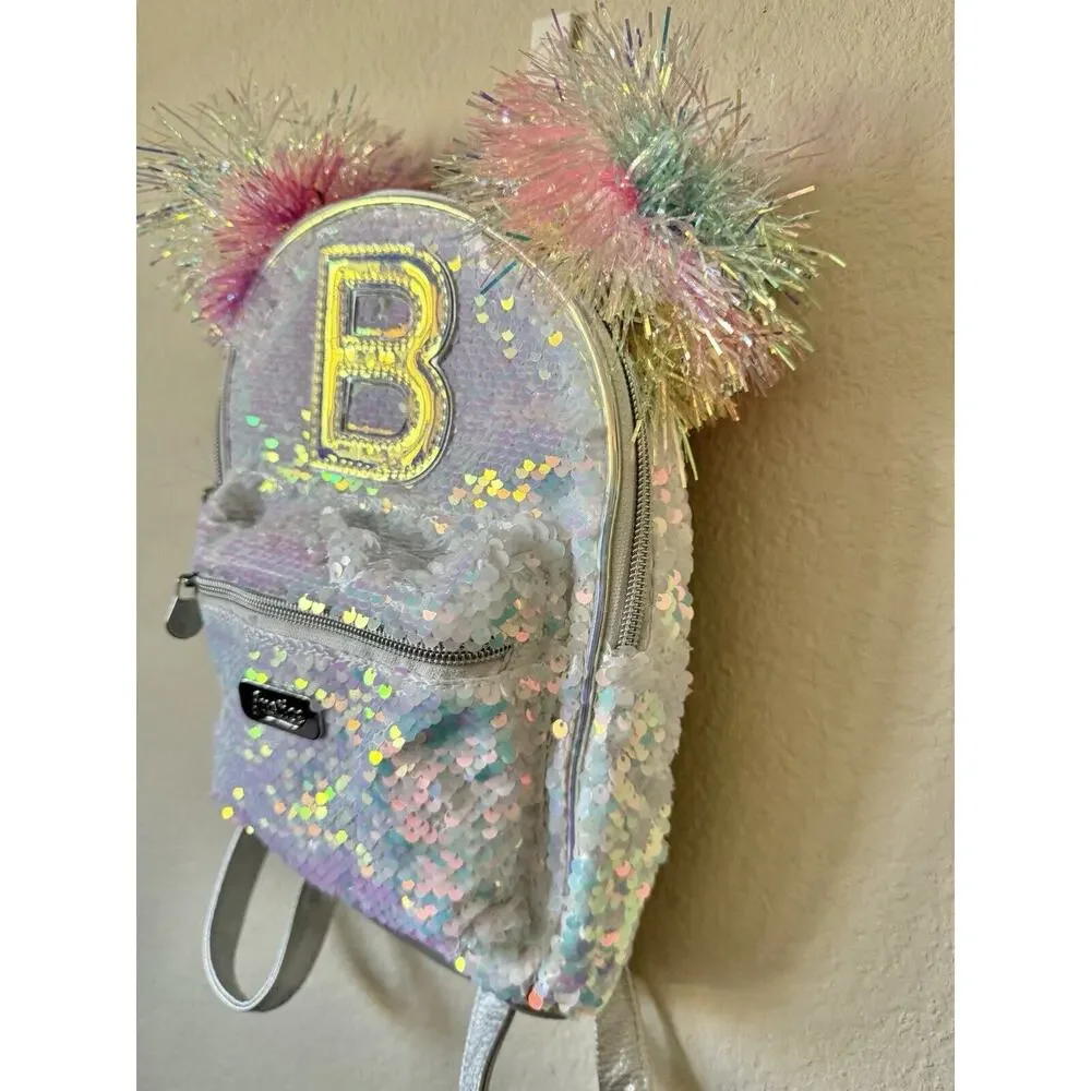 Justice Iridescent Holographic Sequins Pom Pom Letter B Zip Up Mini Backpack
